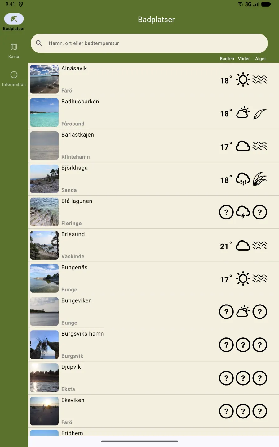 Listan med badplatser på Android-surfplatta