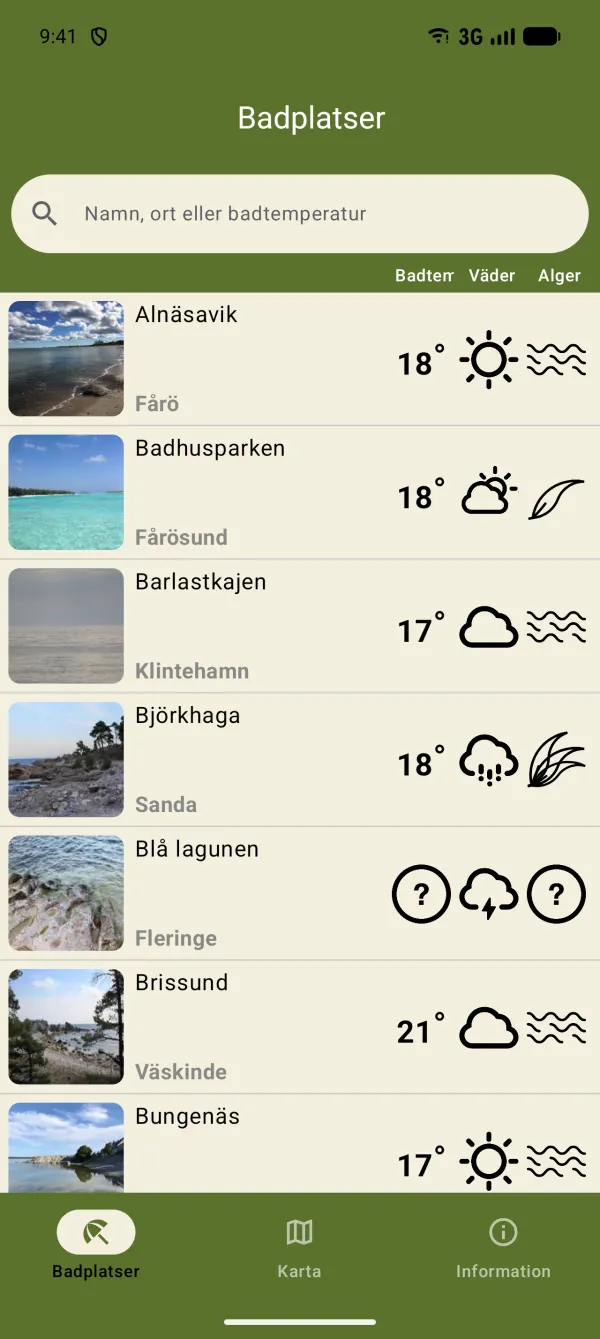 Listan med badplatser på Android