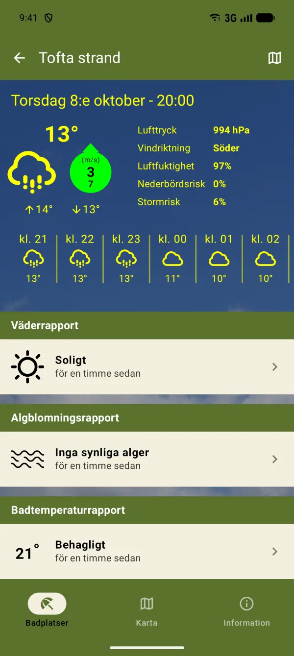 Badplatsens sida med prognos och rapporter på Android