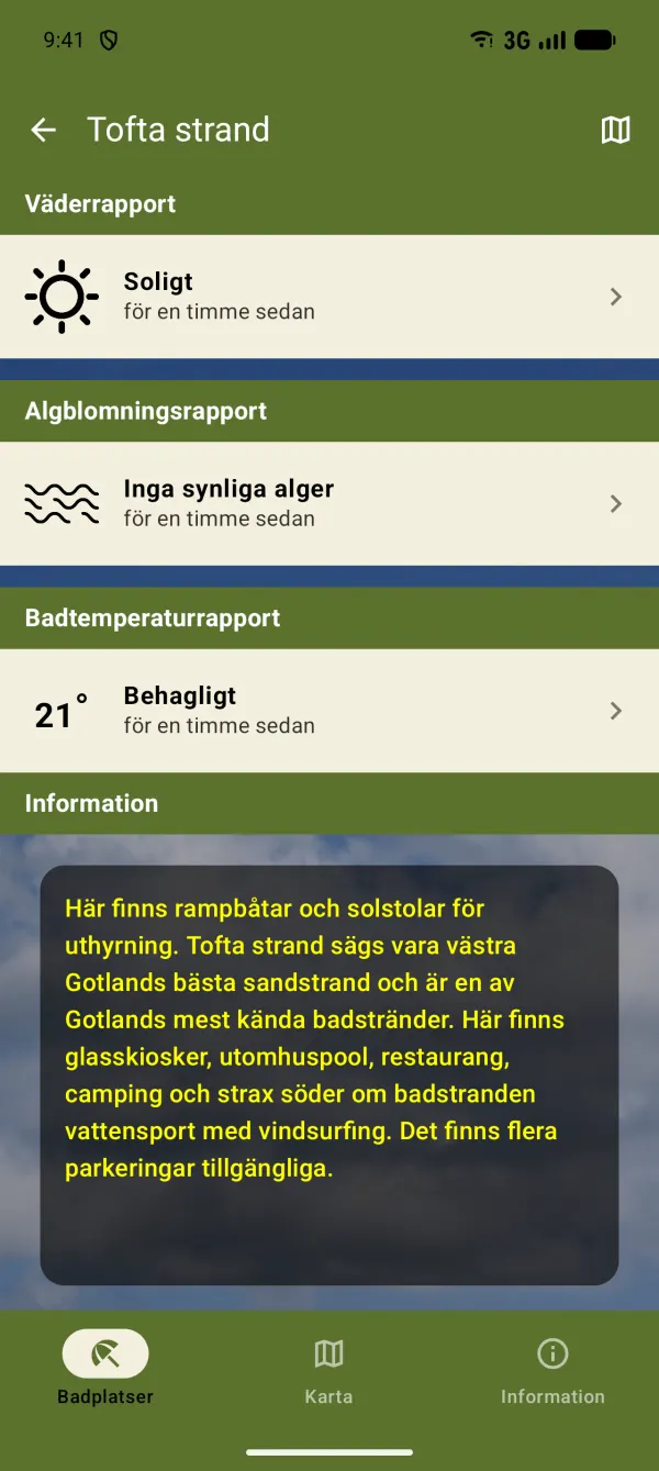 Rapporter och beskrivning av badplatsen på Android