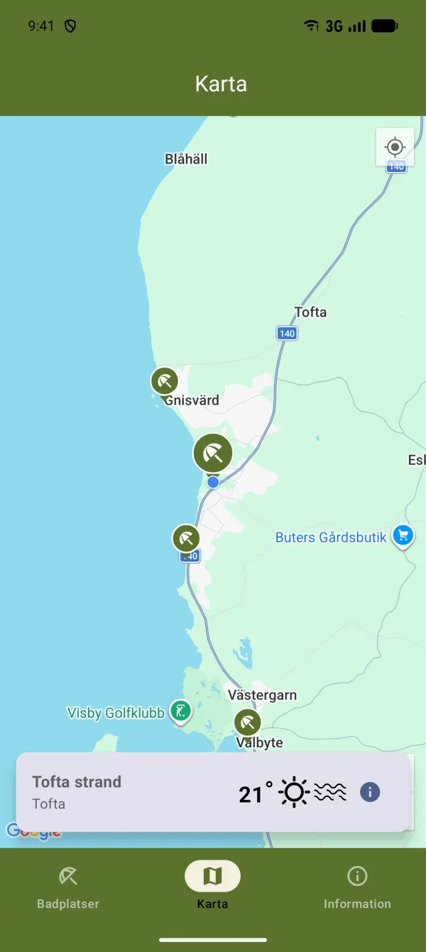 Google-karta med vald badplats på Android