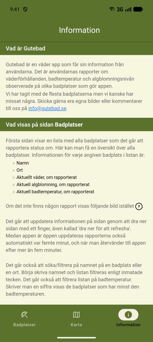 Informationssidan på Android