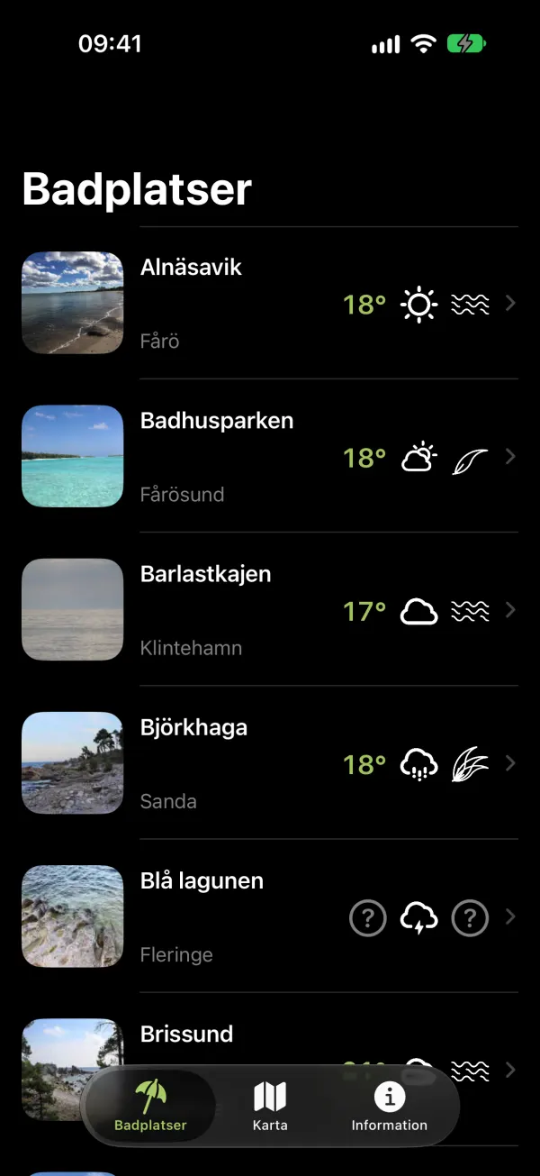 Listan med badplatser, mörkt läge