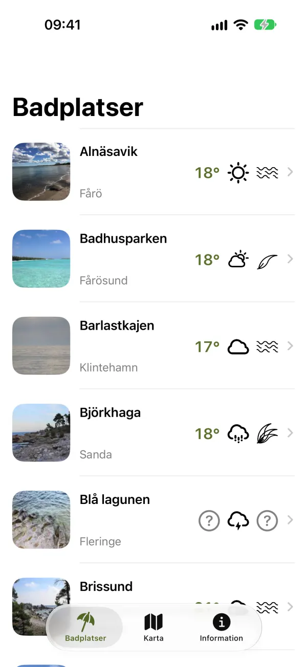 Listan med badplatser i Gutebad på iPhone