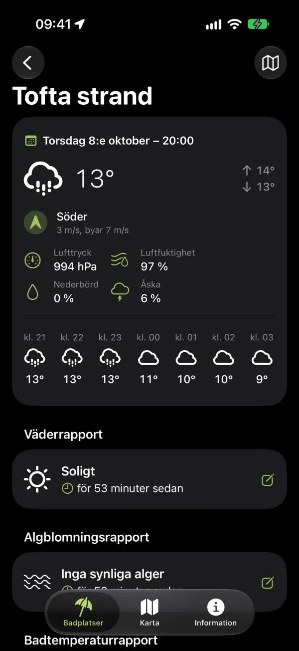 Badplatsens sida med väderprognos, mörkt läge
