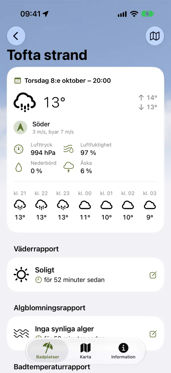 Badplatsens sida med väderprognos, ljust läge