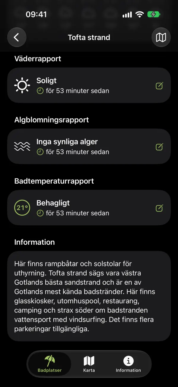 De senaste rapporterna och beskrivning av badplatsen, mörkt läge