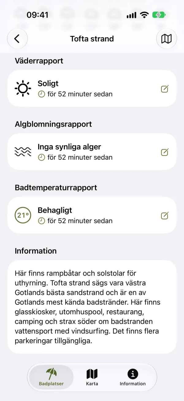 De senaste rapporterna och beskrivning av badplatsen, ljust läge