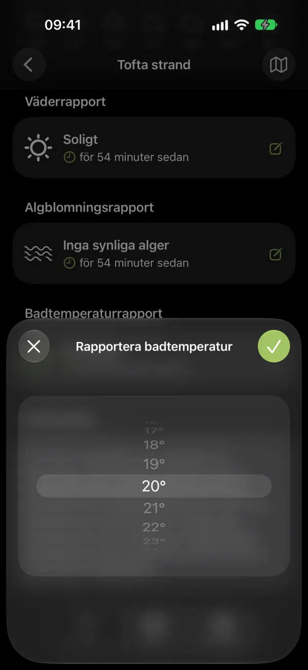 Rapportera badtemperatur, mörkt läge