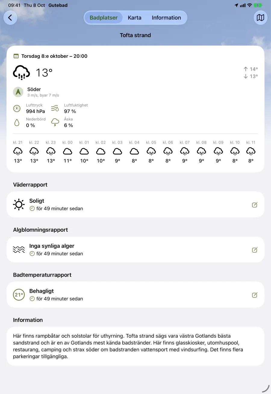 Badplatsens sida på iPad, ljust läge